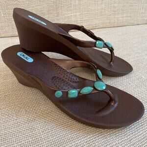 Okai Wedge Thongs, Sandals, Brown, turquoise stone straps, Ladies size L, 10-11